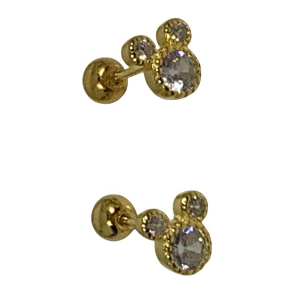 Mickey Mouse CZ Screwback Earrings 18K Over 925 Sterling Silver 20 Gauge - Picture 1 of 5